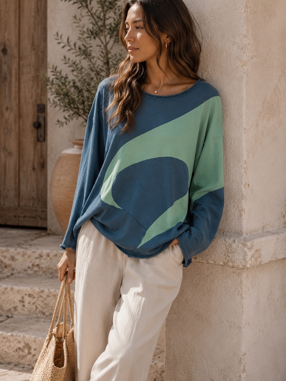 Aeie Abstract Sweatshirt Blue Green Small Art To Wear Boho Lagenlook Boxy Crew